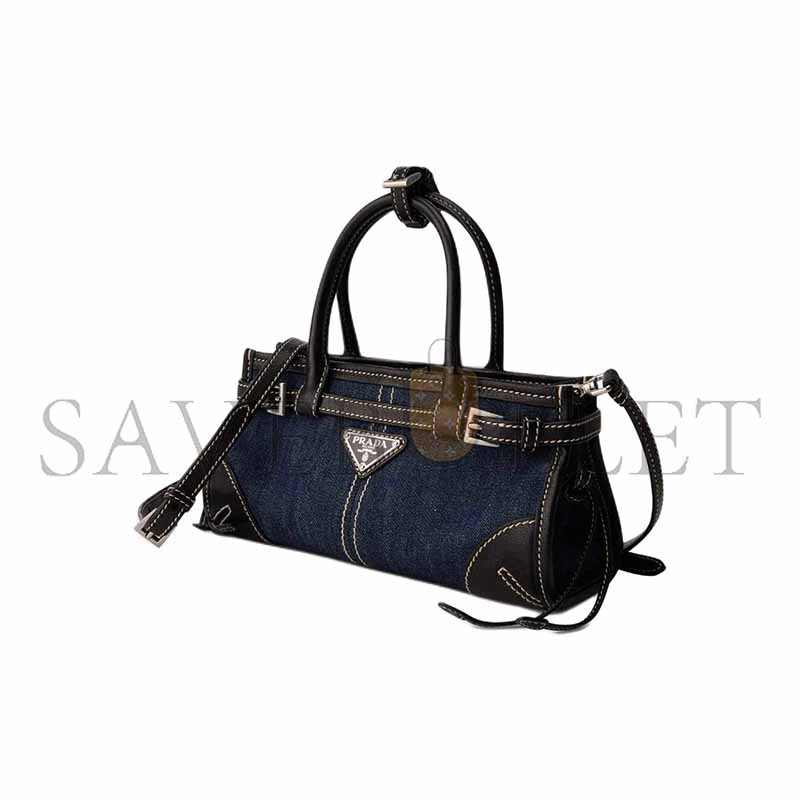 PRADA MINI TRIANGULAR METAL LOGO DENIM TOTE BAG 1BA486 (24*23*9cm)